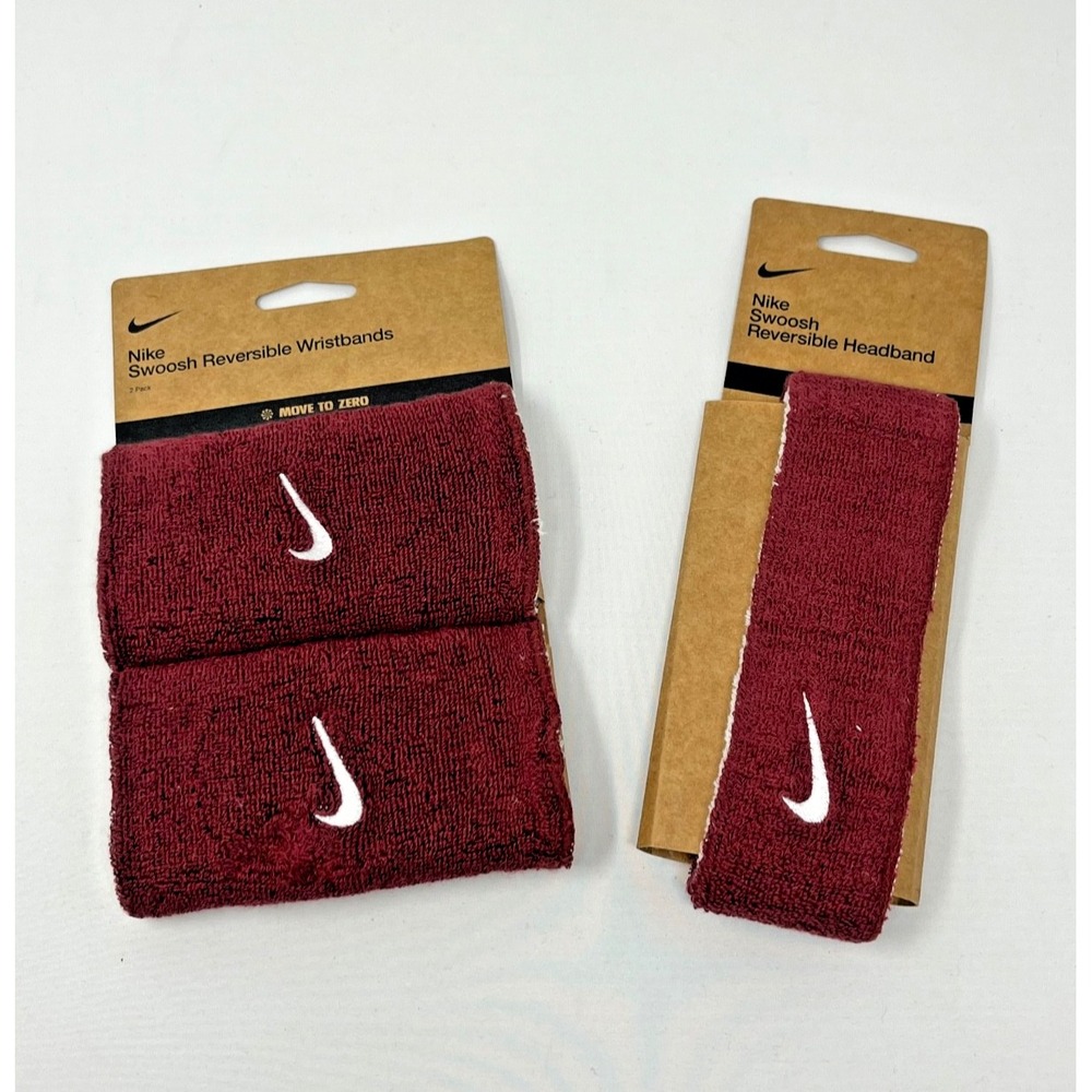 Nike Swoosh Reversible Headband & Wristbands Set Doublewide Dark Red/White